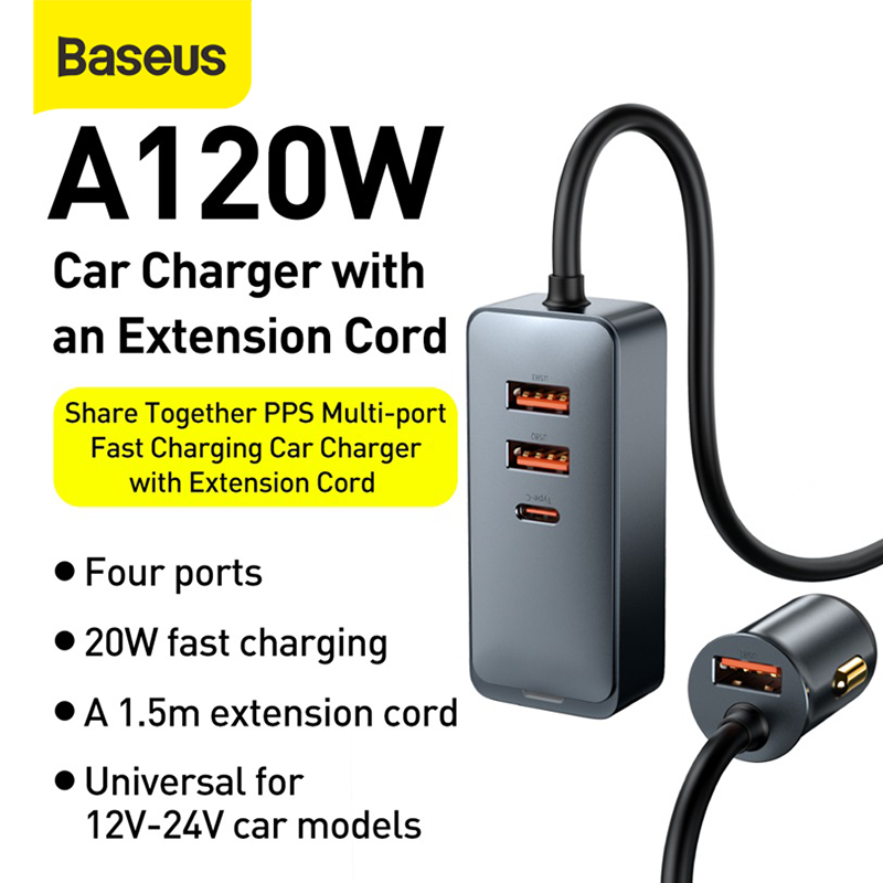 Baseus Car Charger Mobil 120W 4 Ports Type-C USB Fast Charging Adapter
