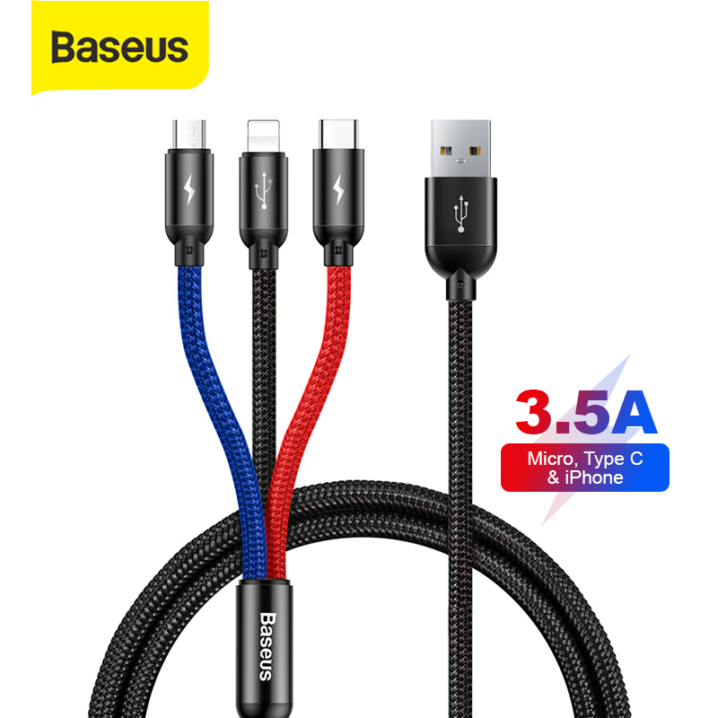 Baseus Kabel Data Primary Colors 3in1 Micro+Lightning+Type-C 3.5A 1.2M - Baseus Indonesia